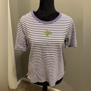 Vintage Purple White Striped Cotton Palm Tree Tee Shirt Size M Embroidered Y2K